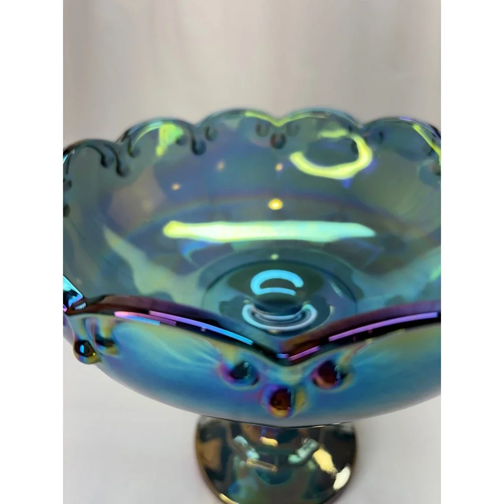 Vtg Iridescent Blue Carnival Glass Compote Scalloped Pedestal Candy Dish 7.25